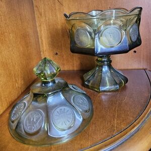 Vtg Wedding Bowl W/Lid Fostoria Coin Olive Green Glass